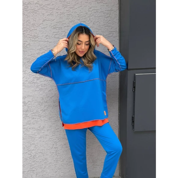 Lucky Life Kadın Indigo Kapşonlu Etek Ucu Detay Arma Ters Dikiş Gorunumlu Ikili Takım - 4