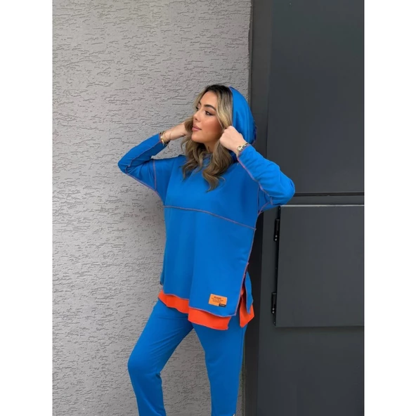 Lucky Life Kadın Indigo Kapşonlu Etek Ucu Detay Arma Ters Dikiş Gorunumlu Ikili Takım - 2