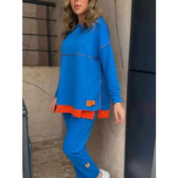 Lucky Life Kadın Indigo Kapşonlu Etek Ucu Detay Arma Ters Dikiş Gorunumlu Ikili Takım - 3