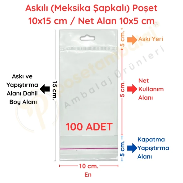 10 x 15 cm (Kapalı Hali 10 x 5 cm) 100 Adet Askılı Poşet - Meksika Şapkalı ürün görseli 1