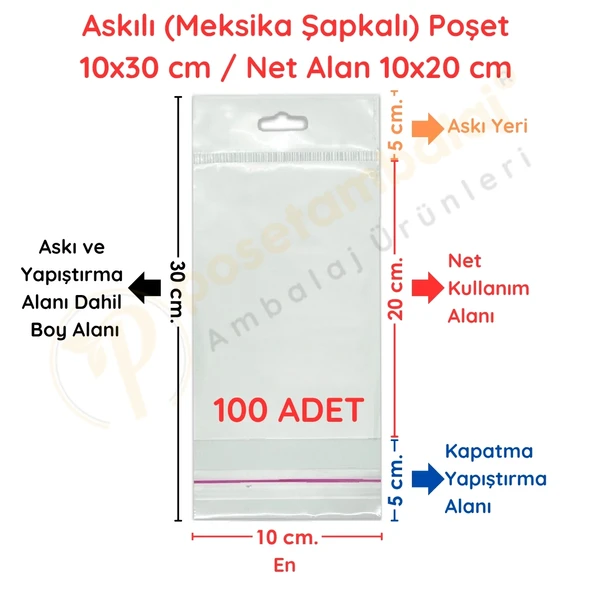 10 x 30 cm (Kapalı Hali 10 x 20 cm) 100 Adet Askılı Poşet - Meksika Şapkalı