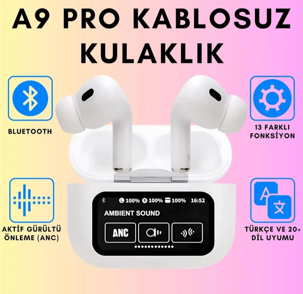 Karler Bass A9 Pro Aktif Gürültü Engelleyici Özellikli Dijital Ekranlı Kablosuz Kulaklık Bluetooth Kulaklık - Beyaz