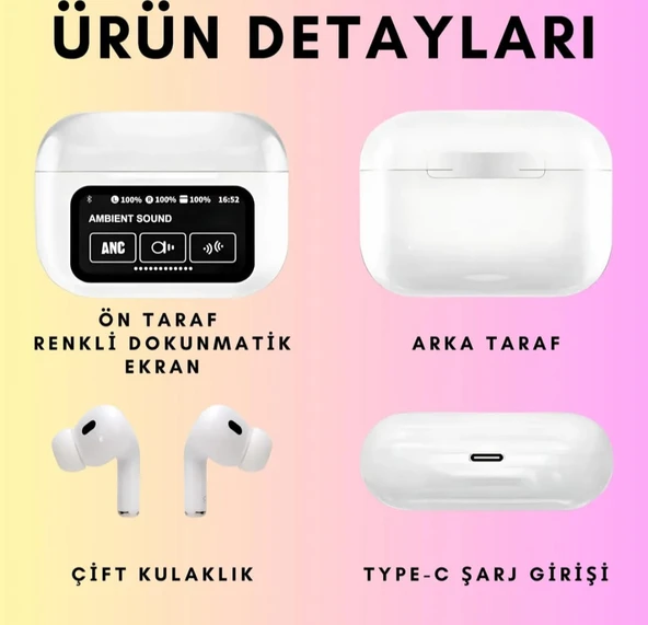 Karler Bass A9 Pro Aktif Gürültü Engelleyici Özellikli Dijital Ekranlı Kablosuz Kulaklık Bluetooth Kulaklık - Beyaz - 2