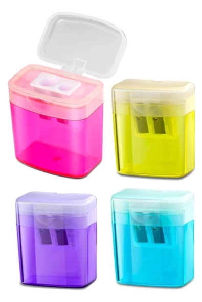 Kalemtıraş Çift Bıçaklı Hazneli 4 Renk 1 Paket Study Şeffaf Kare Kapaklı İki Bıçaklı Jumbo Kalemtraş Kalem Açaçagı Plastik