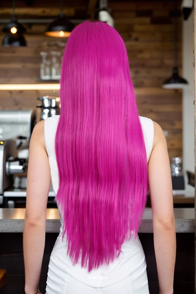 Parti / Animasyon / Tiyatro Peruk - Uzun Kahküllü Fiber Sentetik - Fuşya - Resim 4