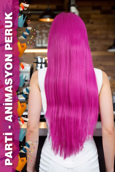 Parti / Animasyon / Tiyatro Peruk - Uzun Kahküllü Fiber Sentetik - Fuşya - Resim 3
