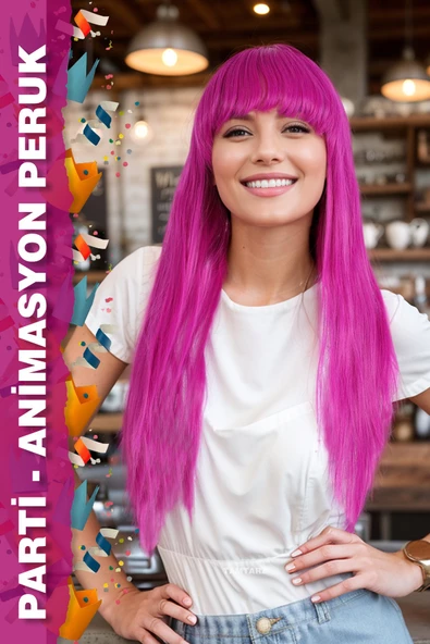 Parti / Animasyon / Tiyatro Peruk - Uzun Kahküllü Fiber Sentetik - Fuşya