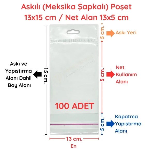 13 x 15 cm (Kapalı Hali 13 x 5 cm) 100 Adet Askılı Poşet - Meksika Şapkalı