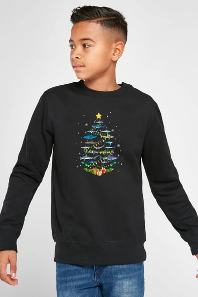 Shark Christmas Tree Siyah Çocuk 2ip Sweatshirt