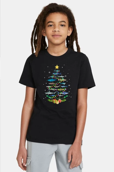 Shark Christmas Tree Siyah Çocuk Tshirt