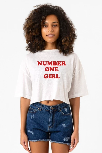 Rose Number One Girl Beyaz Kırçıllı Kadın Crop Tshirt