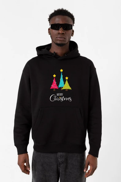 Merry Christmas Siyah Erkek 3ip Kapşonlu Sweatshirt