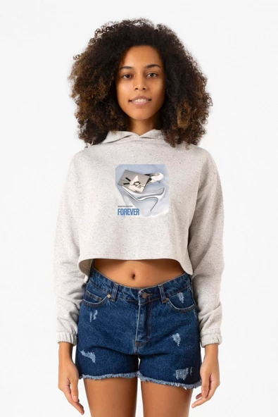 Babymonster Forever Beyaz Kırçıllı Kadın Crop Kapşonlu