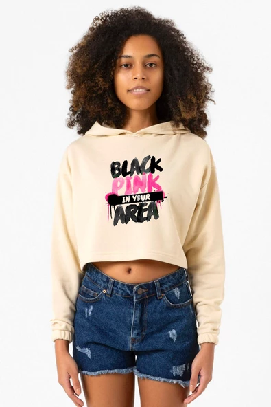 Black Pink In Your Area Bej Kadın Crop Kapşonlu ürün görseli