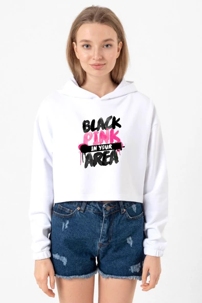 Black Pink In Your Area Beyaz Optik Kadın Crop Kapşonlu