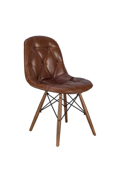 Massa Design Pural Deri Kaplama Kapitoneli Sandalye- Kahverengi Deri Sandalye