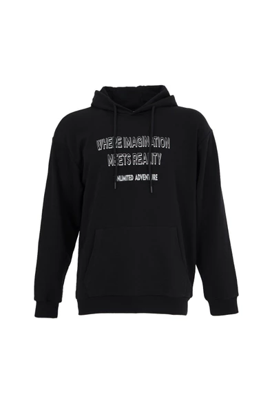 Erkek Baskılı Kapüşonlu Sweat Siyah - 2