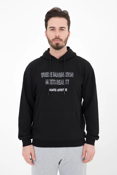 Erkek Baskılı Kapüşonlu Sweat Siyah - 3