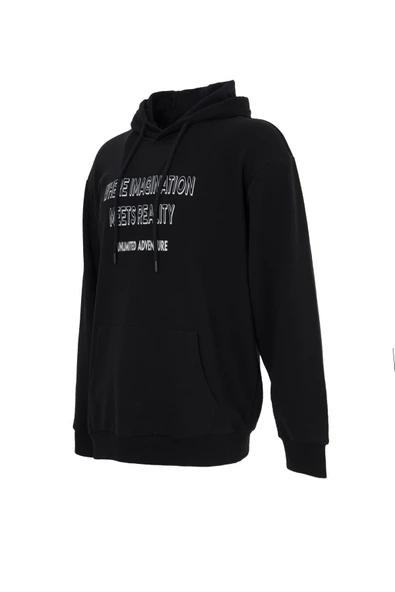 Erkek Baskılı Kapüşonlu Sweat Siyah - 4