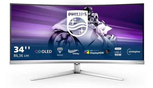 Philips Evnia 34" 34M2C8600 0.03ms 175 Hz HDR400 KVM QD OLED UWQHD Curved Oyuncu Monitörü