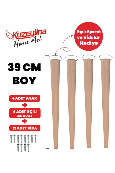 Kuzeylina 4'lü 39 Cm Doğal Ahşap Ayak Konik Masa-sandalye-tabure- Sehpa Ayağı