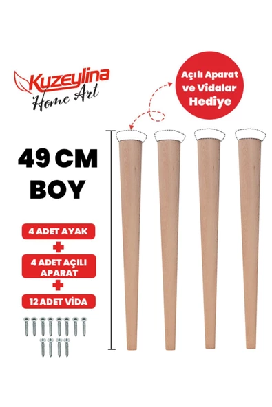 Kuzeylina 4'lü 49 Cm Doğal Ahşap Ayak Konik Masa-sandalye-tabure- Sehpa Ayağı