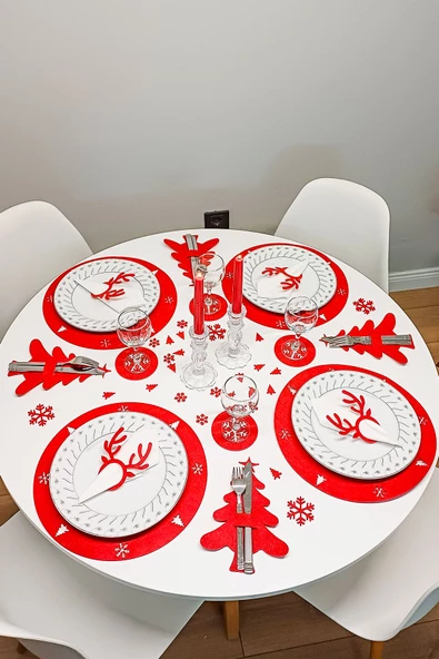 Kuzeylina Kırmızı Kar Tanesi Desenli Bardak Altlığı Seti – 6 Adet Yılbaşı, 3mm Keçe - 3