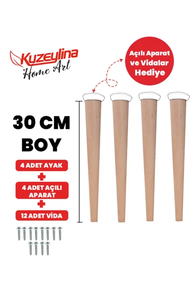 Kuzeylina 4'lü 30 cm Doğal Ahşap Ayak Konik Masa-Sandalye-Tabure- Sehpa Ayağı