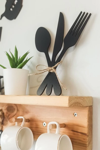 Kuzeylina 3'lü Dekoratif Ahşap Çatal-Kaşık-Bıçak Seti Mutfak, Kahve Köşesi, Dolap, Raf, Askı Süsü(19 cm) - 3