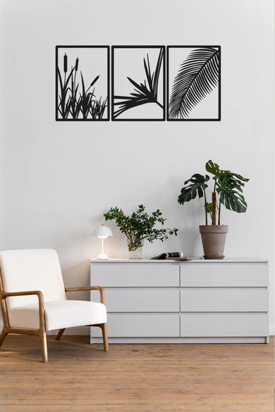 Kuzeylina 3'lü Lazer Kesim Dekoratif Ahşap Sazlık Tablo - 98x25 cm (Her Biri 18x25 cm) - 2