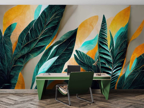 Yeşil Sarı Yaprak Çizim Desenli Duvar Kağıdı - Resim 4