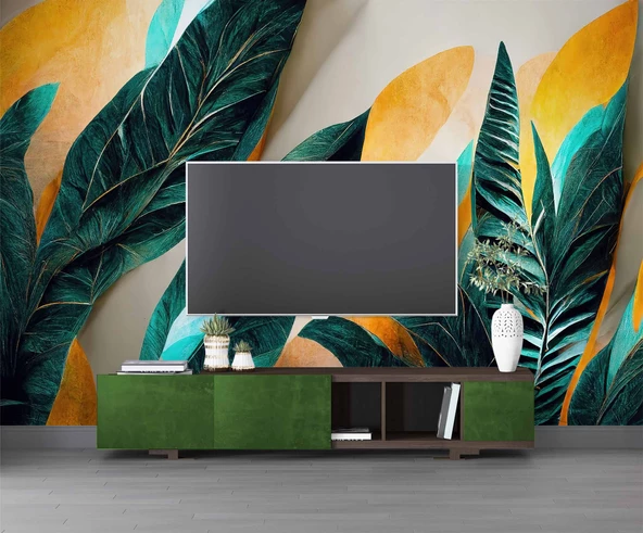 Yeşil Sarı Yaprak Çizim Desenli Duvar Kağıdı - Resim 3