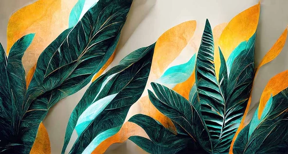 Yeşil Sarı Yaprak Çizim Desenli Duvar Kağıdı - Resim 7