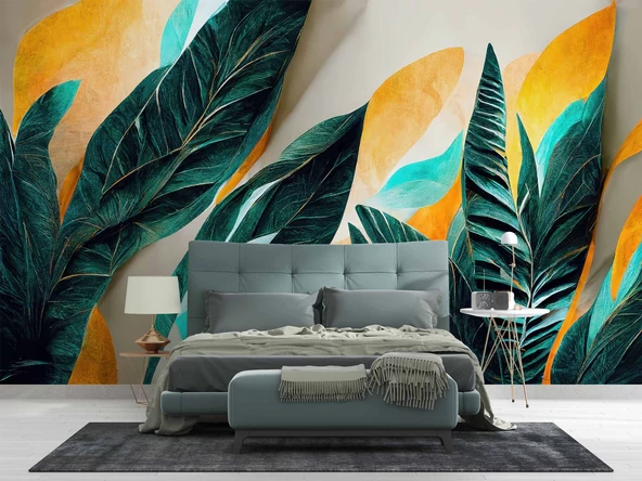 Yeşil Sarı Yaprak Çizim Desenli Duvar Kağıdı - Resim 2