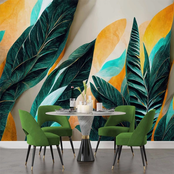 Yeşil Sarı Yaprak Çizim Desenli Duvar Kağıdı - Resim 5