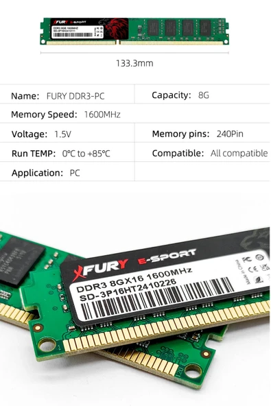 FURY E-SPORT DDR3 8Gb 1600Mhz Masaüstü Ram Bellek 1x8GB - 3