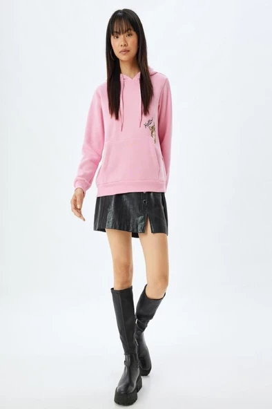 Koton Kapüşonlu Oversize Sweatshirt Kedi İşlemeli Cep Detaylı Şardonlu Pembe