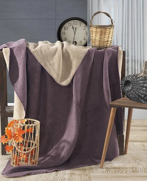 Çift Kişilik Çift Taraflı Pamuk Battaniye - Mürdüm-Ekru