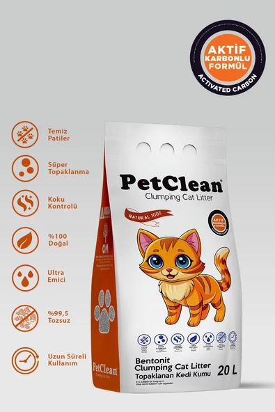 Pet Clean 20 Litre Aktif Karbonlu İnce Taneli Ultra Topaklanan Tozsuz Kedi Kumu