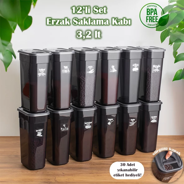 Porsima 2046 Etiketli 3,2 Litre 12Li Saklama Kabı Sürgülü Kapak Bakliyat Saklama Kabı Erzak Saklama Kabı Seti - Siyah