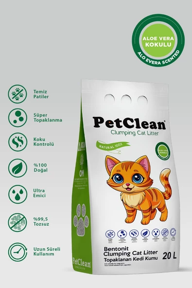 Pet Clean 20 Litre Aloe Vera Kokulu İnce Taneli Ultra Topaklanan Tozsuz Kedi Kumu