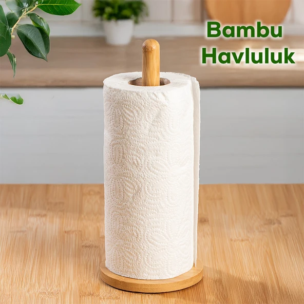Porsima 034 Bambu Kağıt Havluluk Yuvarlak Dekoratif Peçetelik Rulo Kağıt Havlu Standı Ahşap Kağıt Havluluk