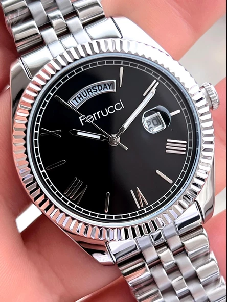 Ferrucci Rolex Model Çelik Kordon Takvimli Kadran 30 Mt Suya Dayanıklı Erkek Kol Saati FEC.13029M01 - Resim 3