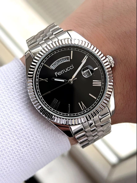 Ferrucci Rolex Model Çelik Kordon Takvimli Kadran 30 Mt Suya Dayanıklı Erkek Kol Saati FEC.13029M01 - Resim 2