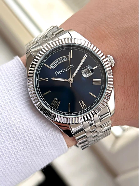 Ferrucci Rolex Model Çelik Kordon Takvimli Kadran 30 Mt Suya Dayanıklı Erkek Kol Saati FEC.13029M03 - Resim 2