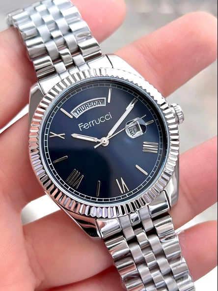 Ferrucci Rolex Model Çelik Kordon Takvimli Kadran 30 Mt Suya Dayanıklı Erkek Kol Saati FEC.13029M03 - Resim 3