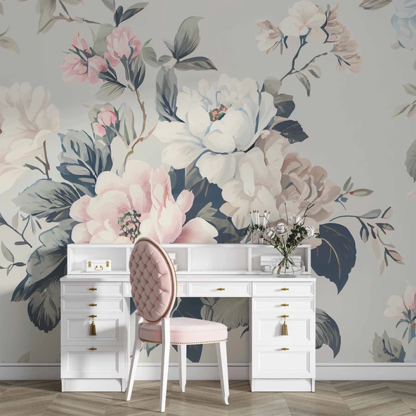 Soft Mavi Pembe Çiçek Desenli Duvar Kağıdı - 4