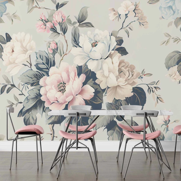 Soft Mavi Pembe Çiçek Desenli Duvar Kağıdı - 5