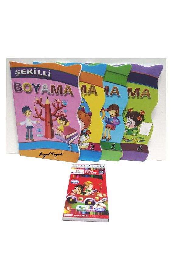 Boyama Seti 4 kitap ve 12 Renk Boyama kalemi