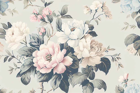 Soft Mavi Pembe Çiçek Desenli Duvar Kağıdı - 6